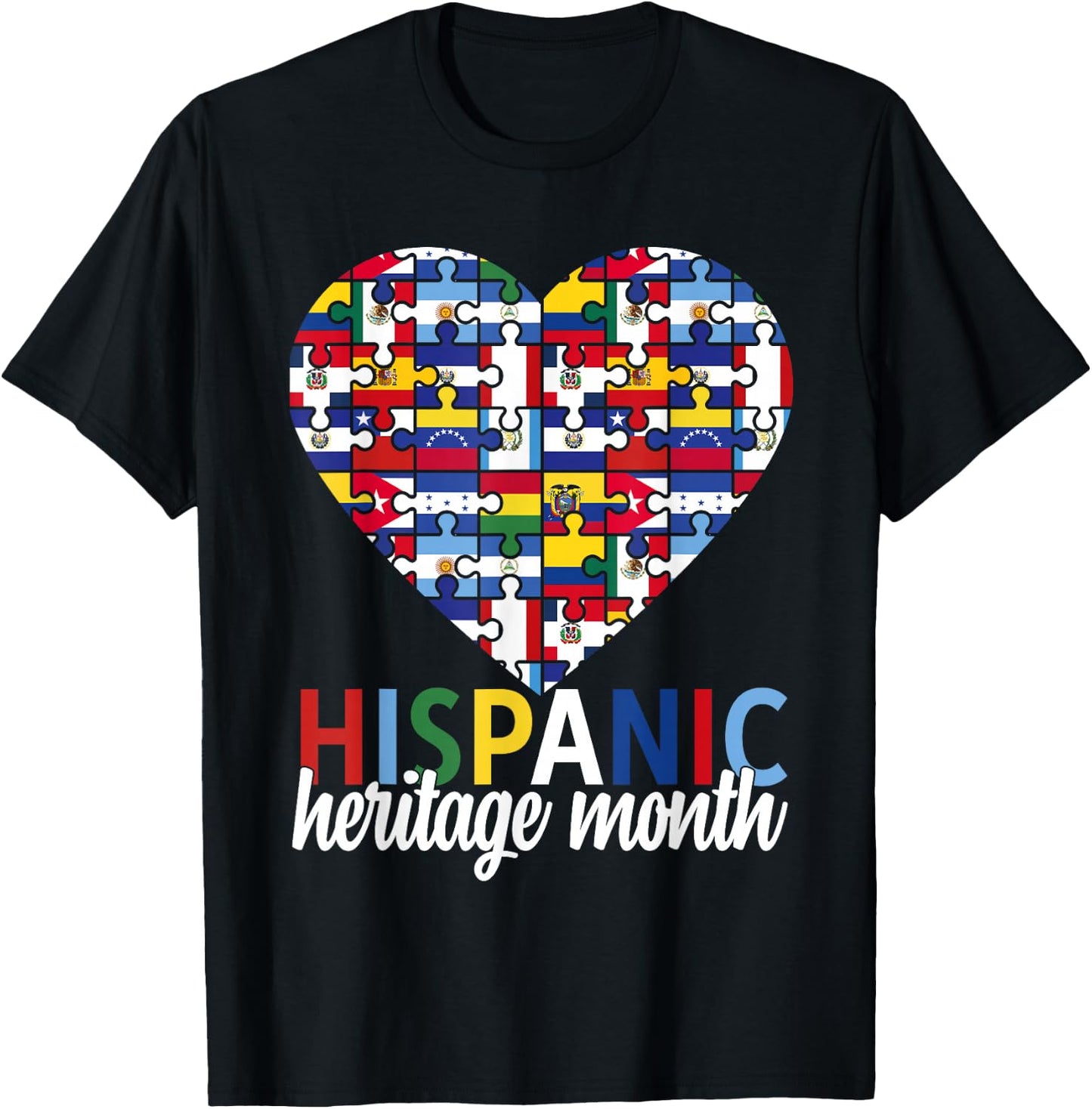 Hispanic Heritage Month All Countries Flags Heart Men Women T-Shirt - T-Shirt | Black