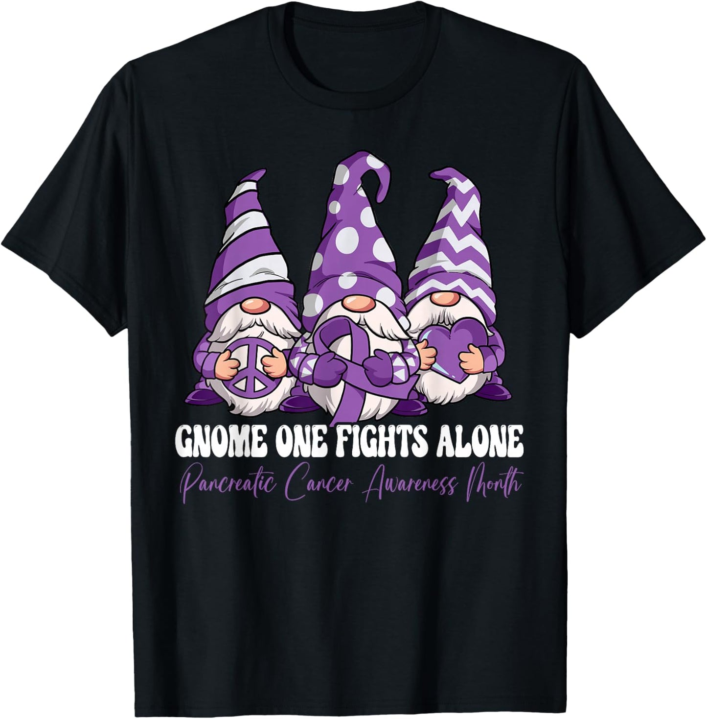 Gnome One Fights Alone Pancreatic Cancer Awareness Month T-Shirt - T-Shirt | Black