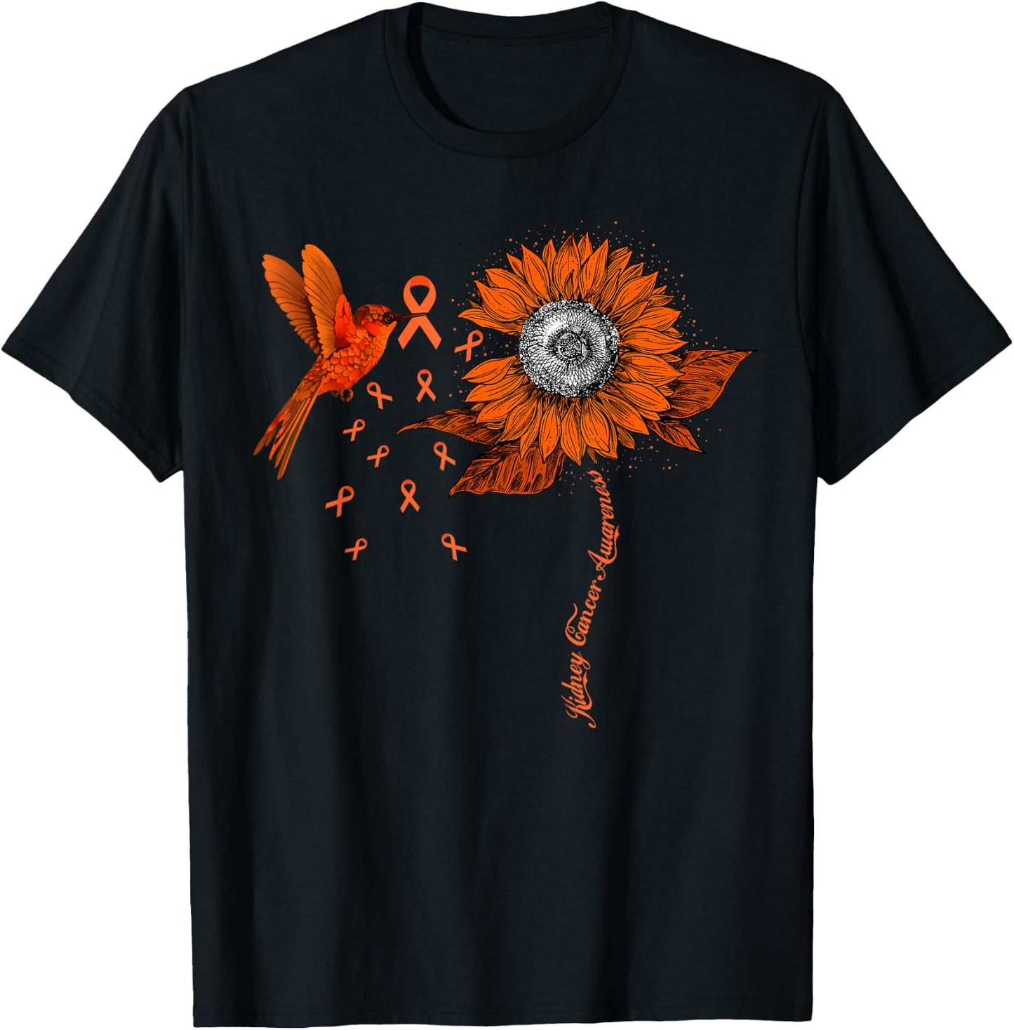 Hummingbird Holding Orange Ribbon Kidney Cancer Awareness T-Shirt - T-Shirt | Black