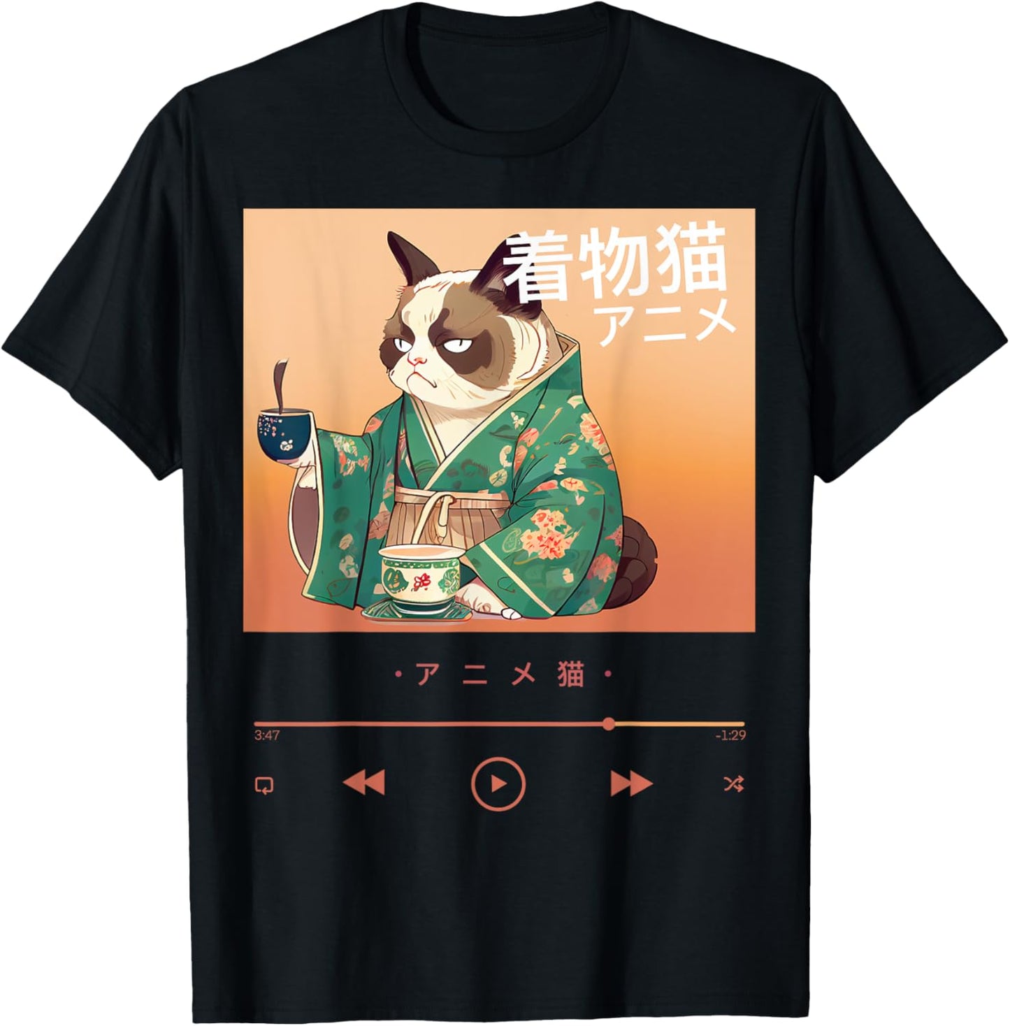 Cute Anime Cat in Colorful Japanese Outfit Men Women Kids T-Shirt - T-Shirt | Black