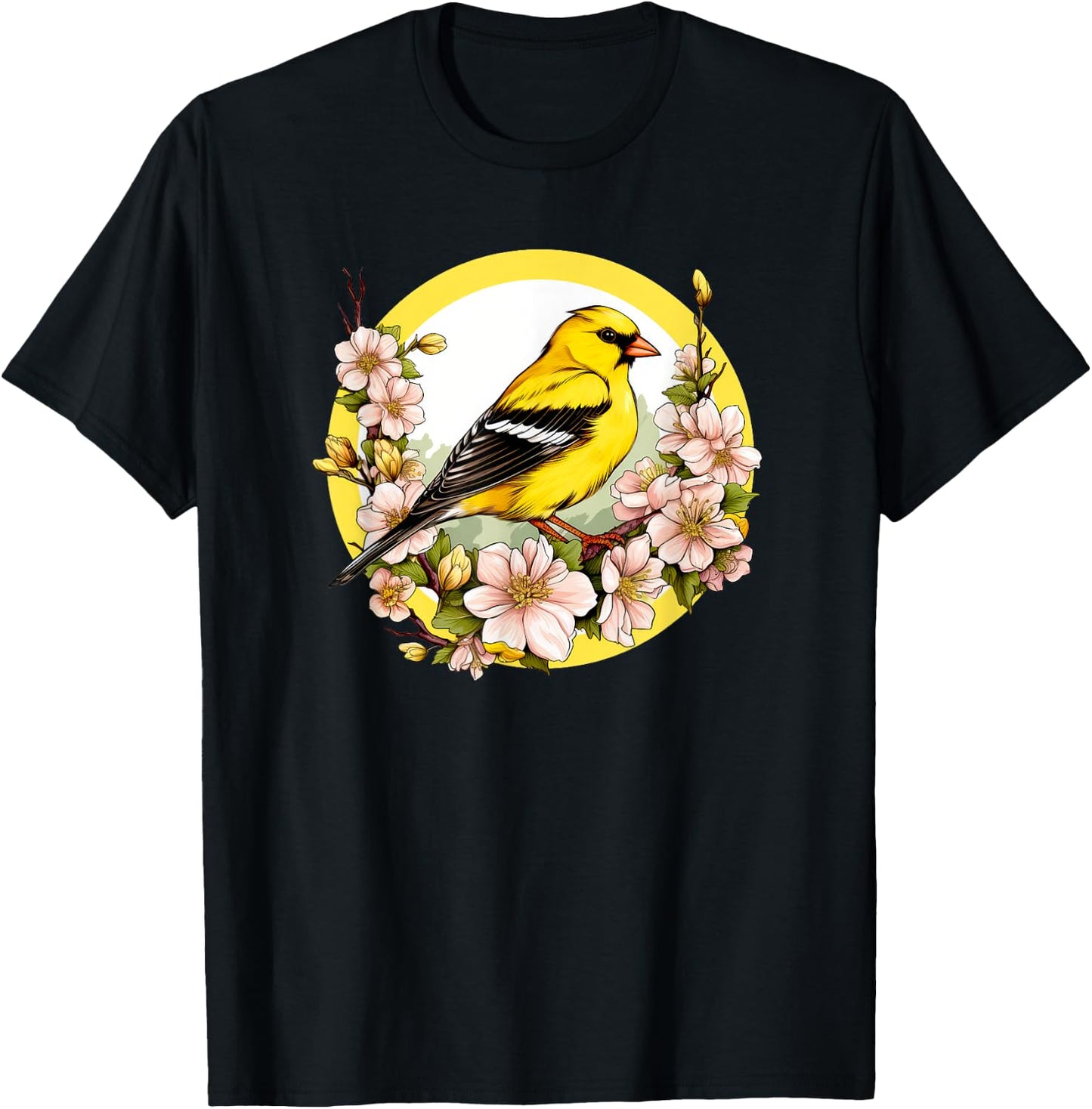 Cute Yellow Goldfinch Floral American GoldFinch T-Shirt - T-Shirt | Black