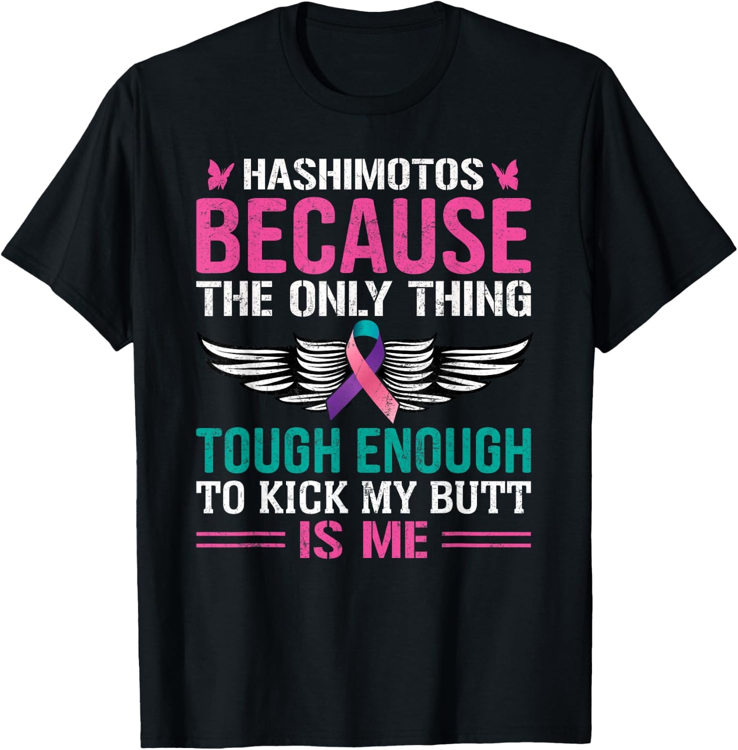 Thyroid Warrior Teal Pink Ribbon Hashimotos Cancer Awareness T-Shirt - T-Shirt | Black