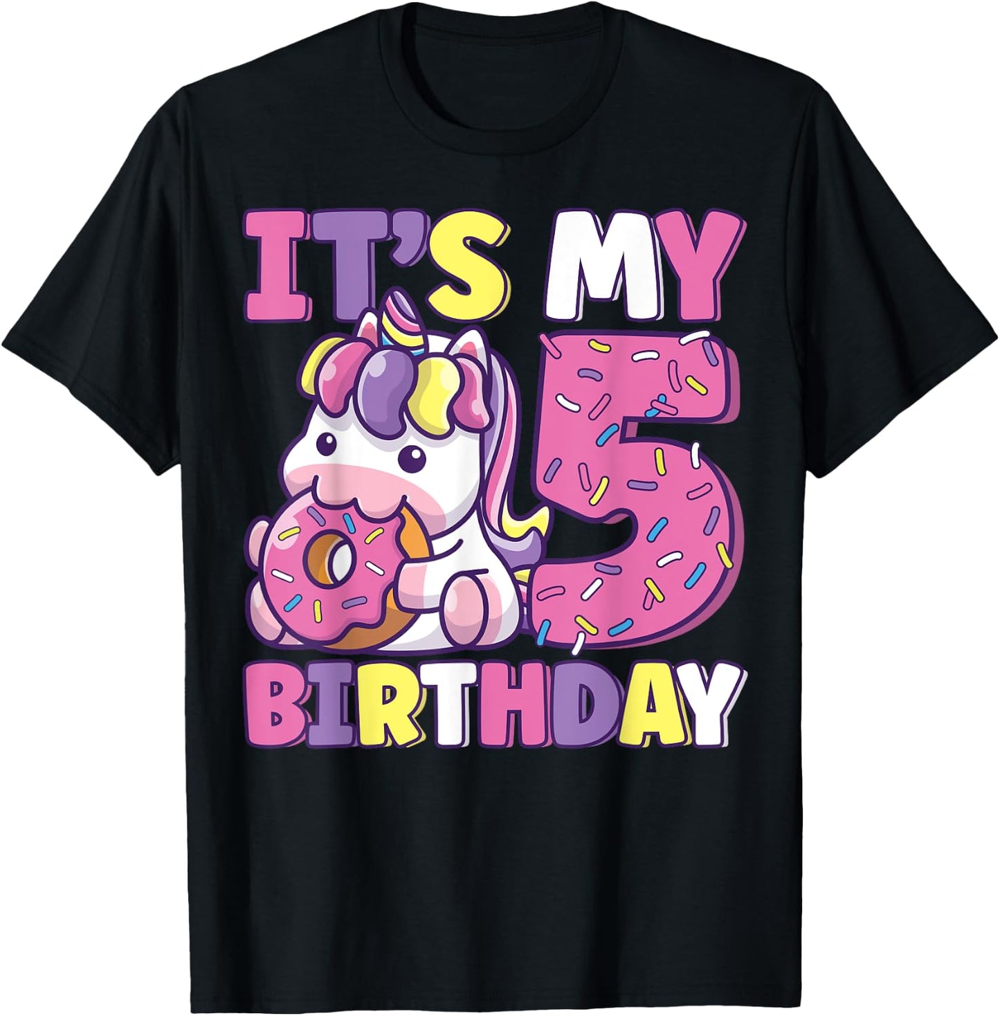 It's My 5th Birthday Party Cute Girls Donut Birthday Unicorn T-Shirt - T-Shirt | Black