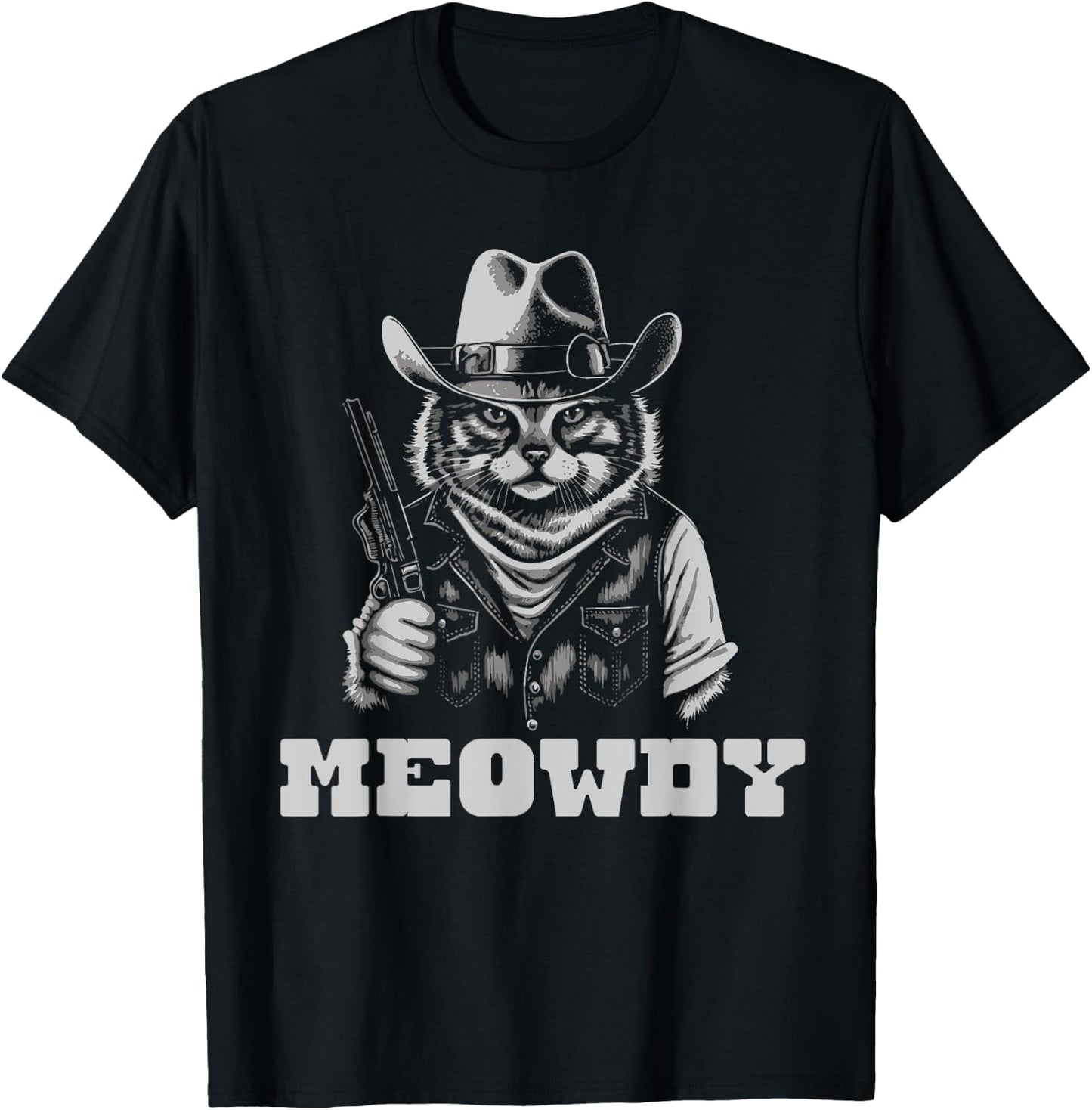 Meowdy Outlaw Funny Country Music Cat Cowboy Hat Vintage T-Shirt - T-Shirt | Black