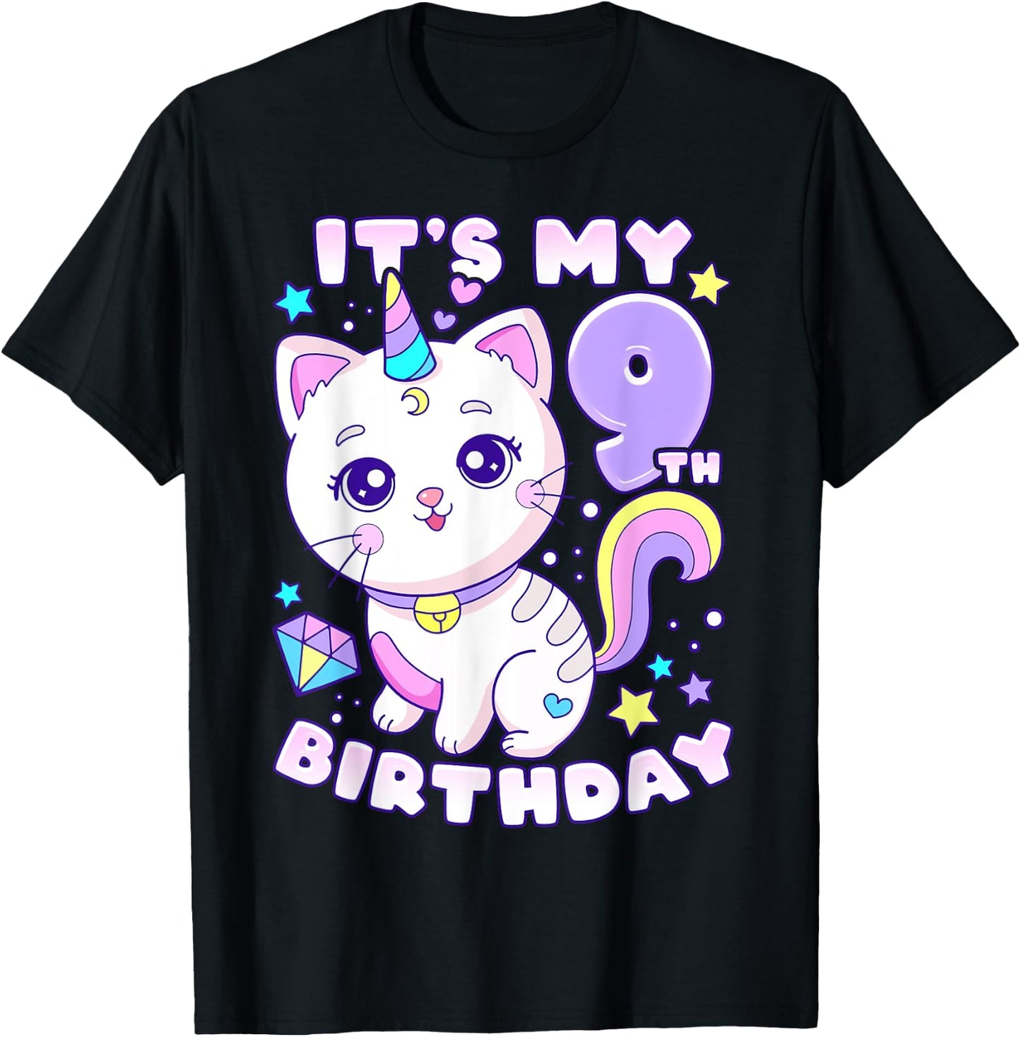 Birthday girl 9 years old, cat, unicorn, 9th birthday T-Shirt - T-Shirt | Black