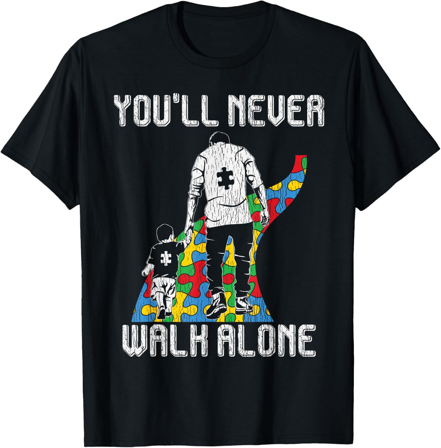 Vintage Father Son Family Autistic Kids Autism Awareness Dad T-Shirt - T-Shirt | Black