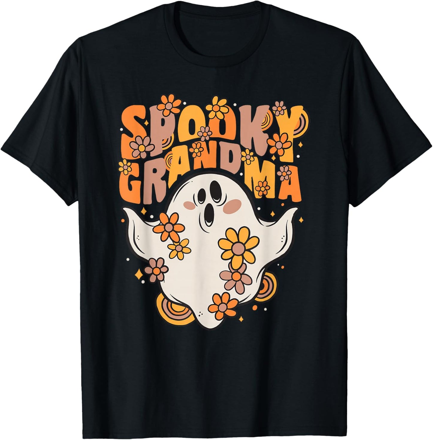 Spooky Grandma Groovy Ghost With Vintage Flowers Halloween T-Shirt - T-Shirt | Black