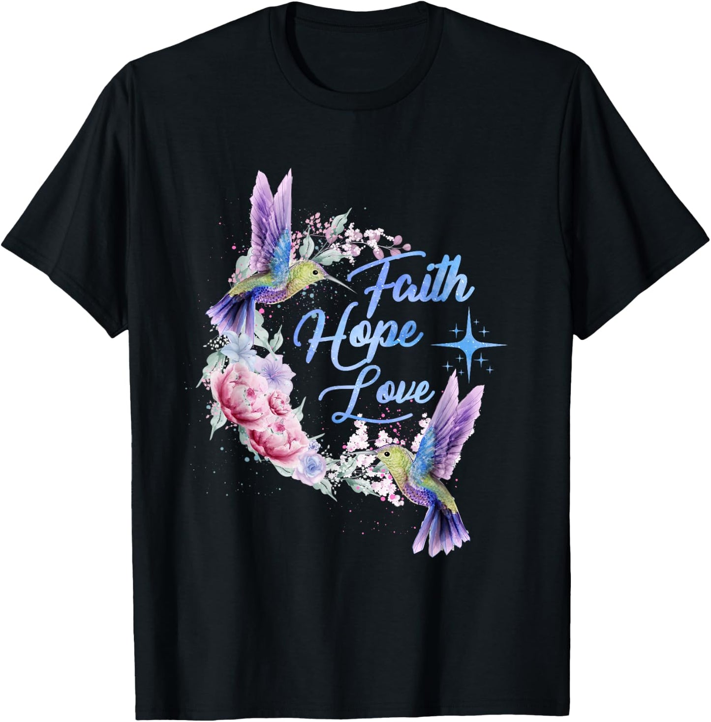 Hope Faith Love Hummingbird Picture Bird Print T-Shirt - T-Shirt | Black