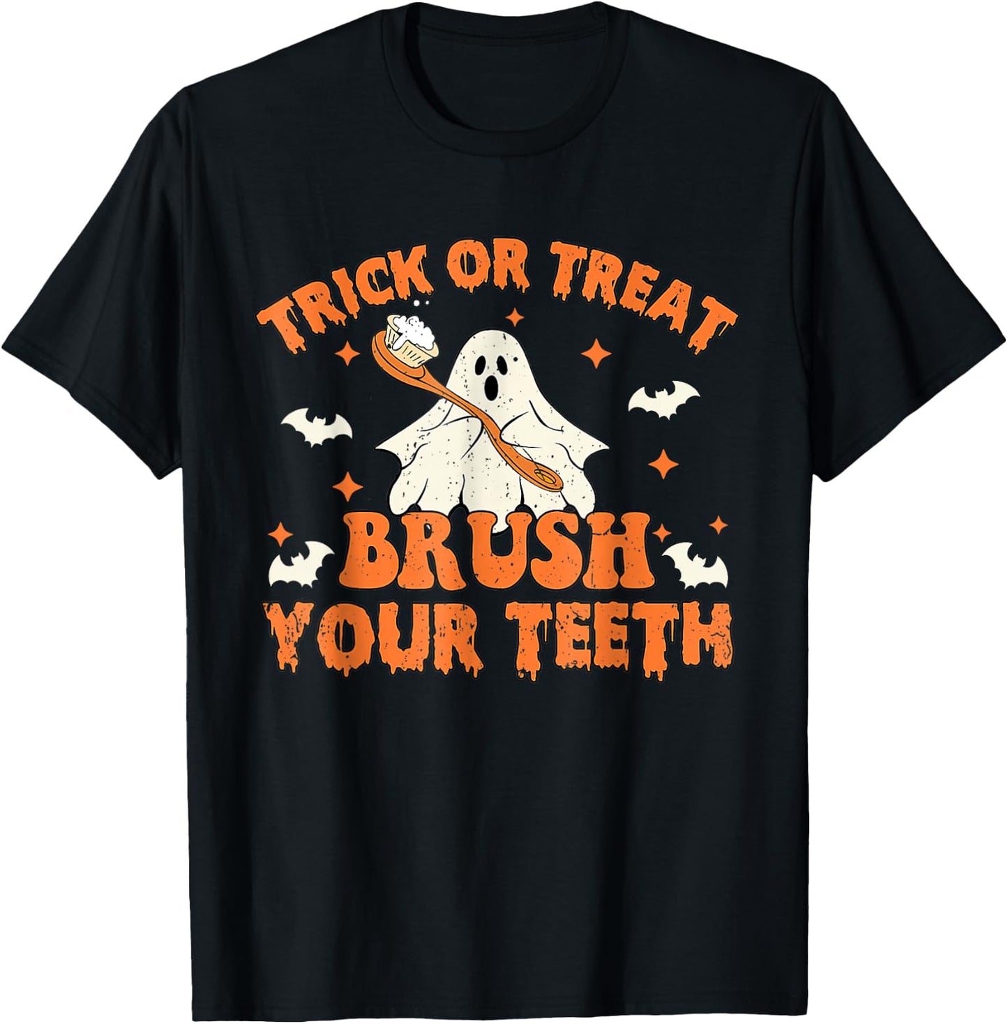 Trick Or Treat Brush Your Teeth Retro Halloween Cute Dentist T-Shirt - T-Shirt | Black