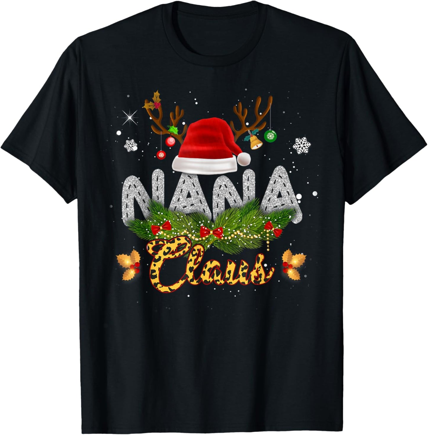 Nana Claus Leopard Christmas Funny Nana Mom Women T-Shirt - T-Shirt | Black