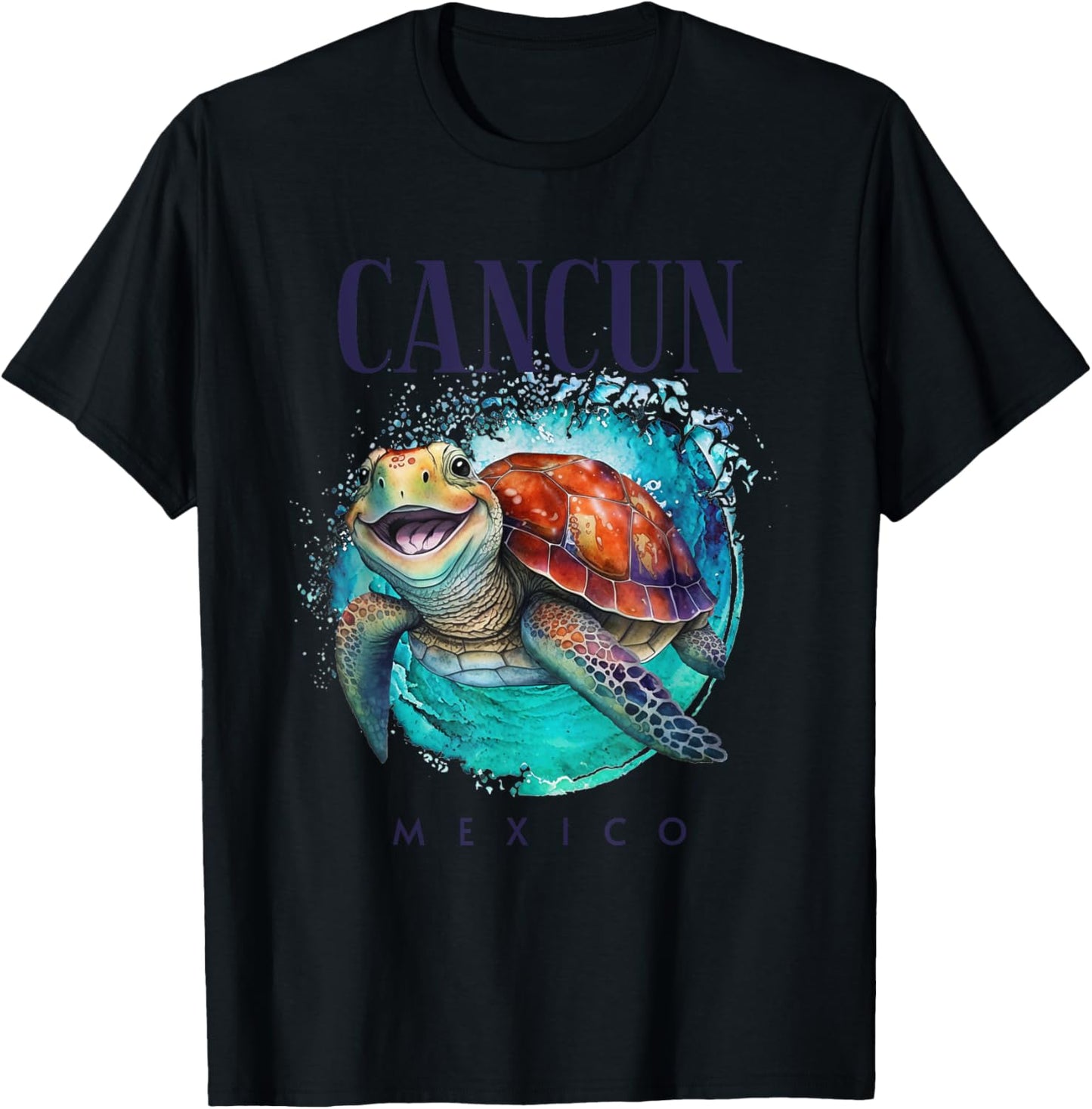 Cancun Mexico Watercolor Happy Sea Turtle T-Shirt - T-Shirt | Black