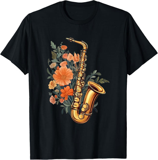 Cottagecore Saxophone Aesthetic Music Lover Sax Player T-Shirt - T-Shirt | Black