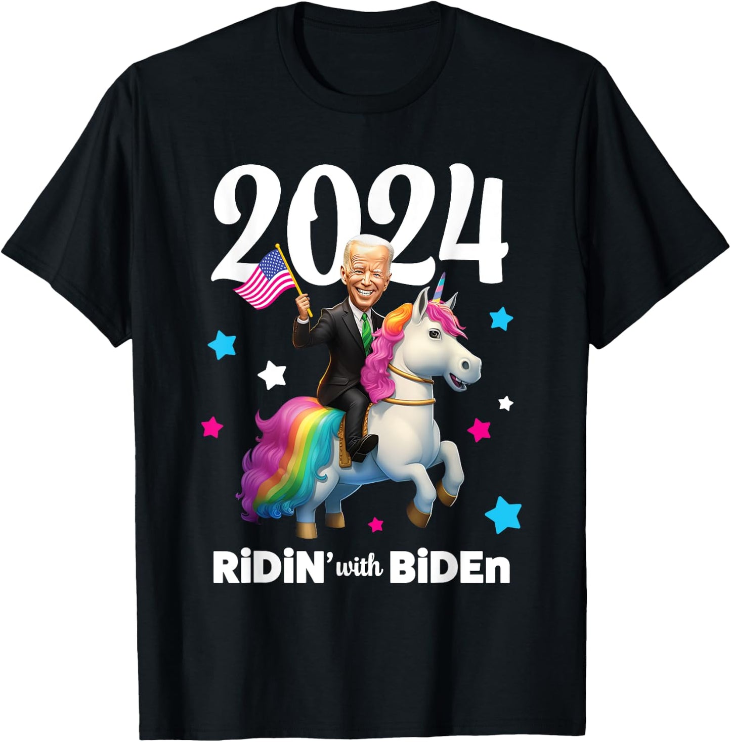 Ridin with Biden 2024 Joe Biden Riding Rainbow Unicorn T-Shirt - T-Shirt | Black