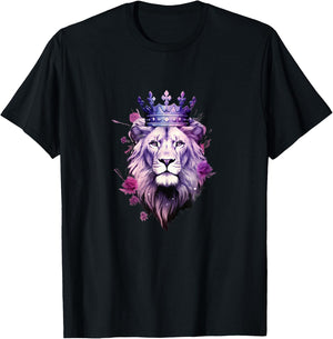 Majestic Purple Lion - Royal Crown Roses T-Shirt - T-Shirt | Black