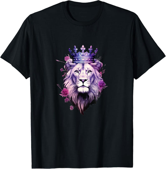 Majestic Purple Lion - Royal Crown Roses T-Shirt - T-Shirt | Black