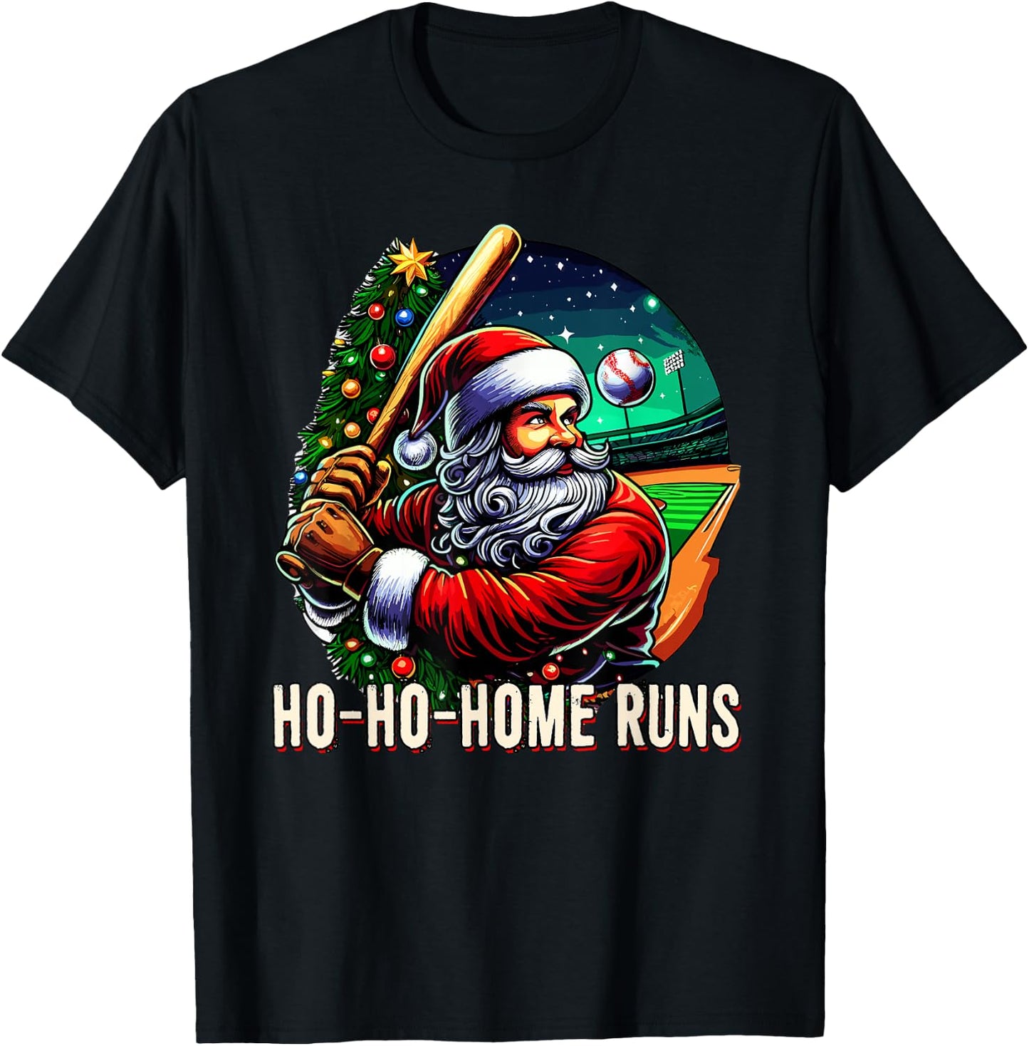 HO HO Home Runs Funny Baseball Santa Claus Sport Christmas T-Shirt - T-Shirt | Black