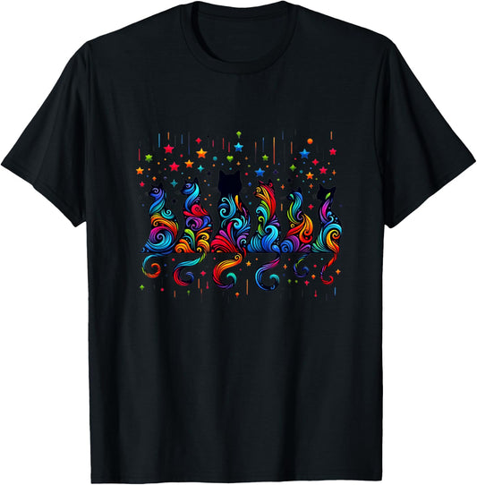 80s Colorful Kitten Lover Artwork Decor Cute Art Cat T-Shirt - T-Shirt | Black