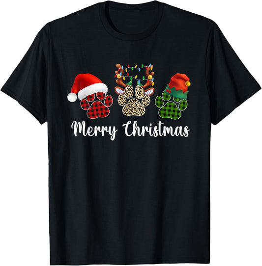 Merry Christmas Dog Paws Buffalo Plaid Leopard Santa Xmas T-Shirt - T-Shirt | Black