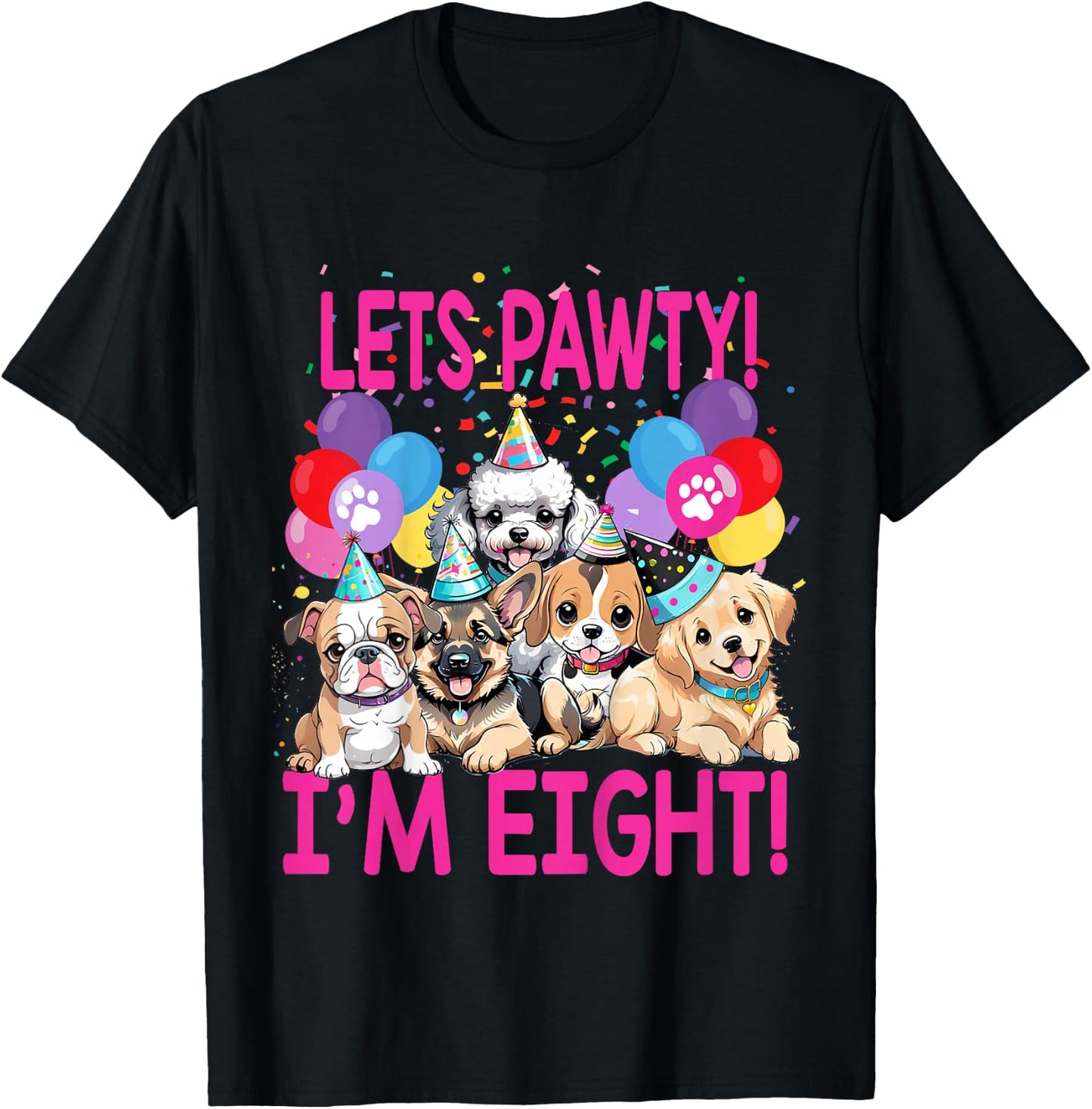 Kids Lets Pawty I'm EIGHT! Puppy Dog Themed Birthday Party Outfit T-Shirt - T-Shirt | Black