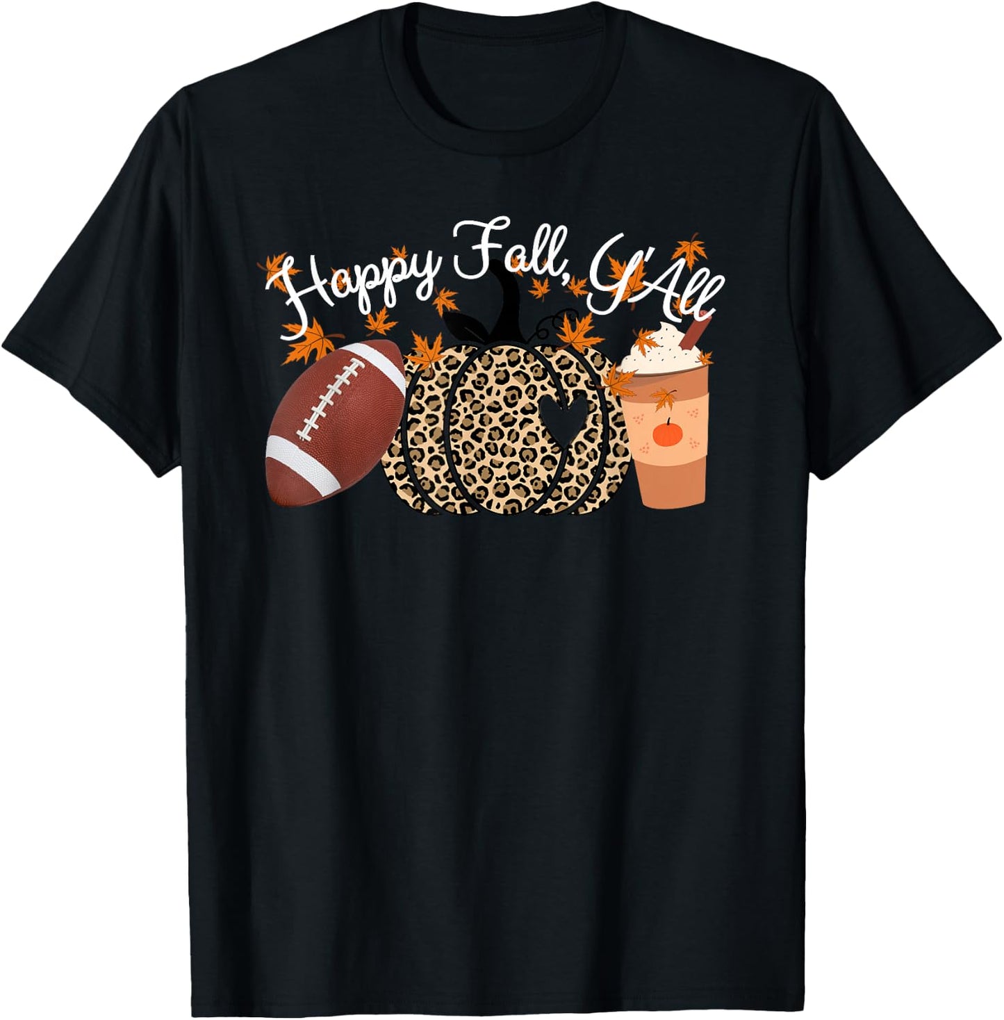 Happy Fall Y'all Leopard print Pumpkins Football and Coffee T-Shirt - T-Shirt | Black