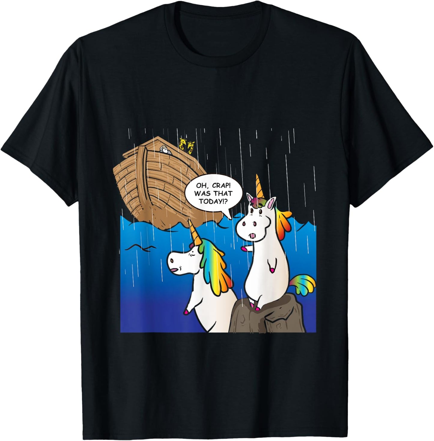Two Unicorns Missing Ark Noah During Rain Funny Christian T-Shirt - T-Shirt | Black