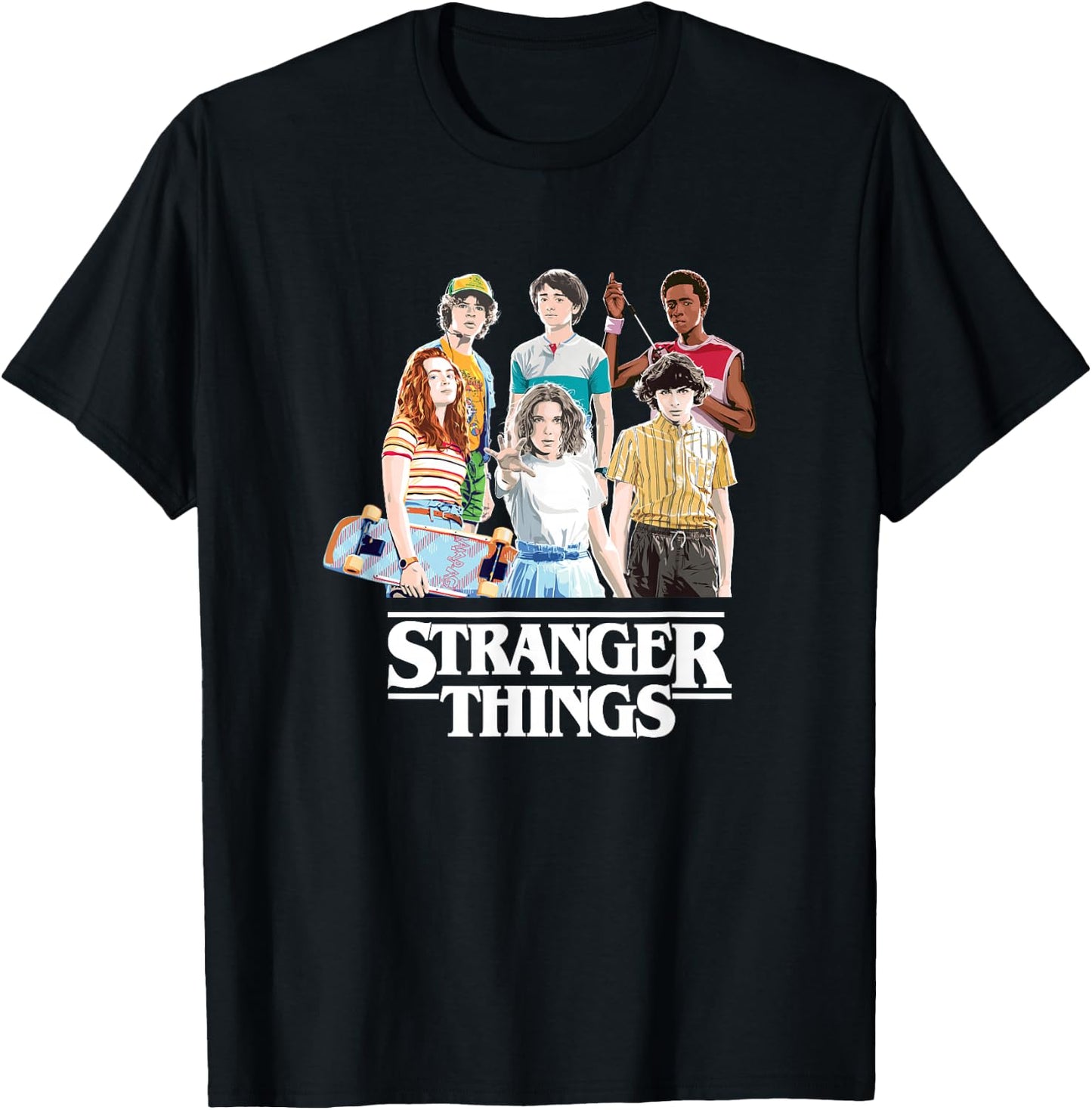 Stranger Things Retro Vintage Bleach Gradient Group Shot T-Shirt - T-Shirt | Black