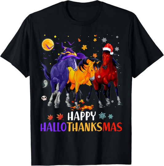 Happy Hallothanksmas Horse Halloween Thanksgiving Christmas T-Shirt - T-Shirt | Black