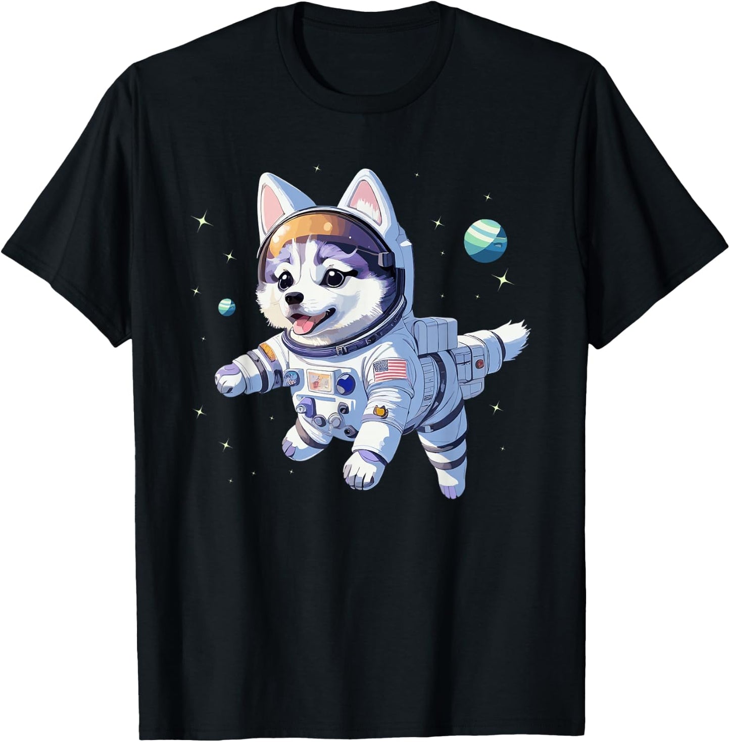 Space Dog Siberian Husky Cute Puppy Astronaut Galaxy Graphic T-Shirt - T-Shirt | Black