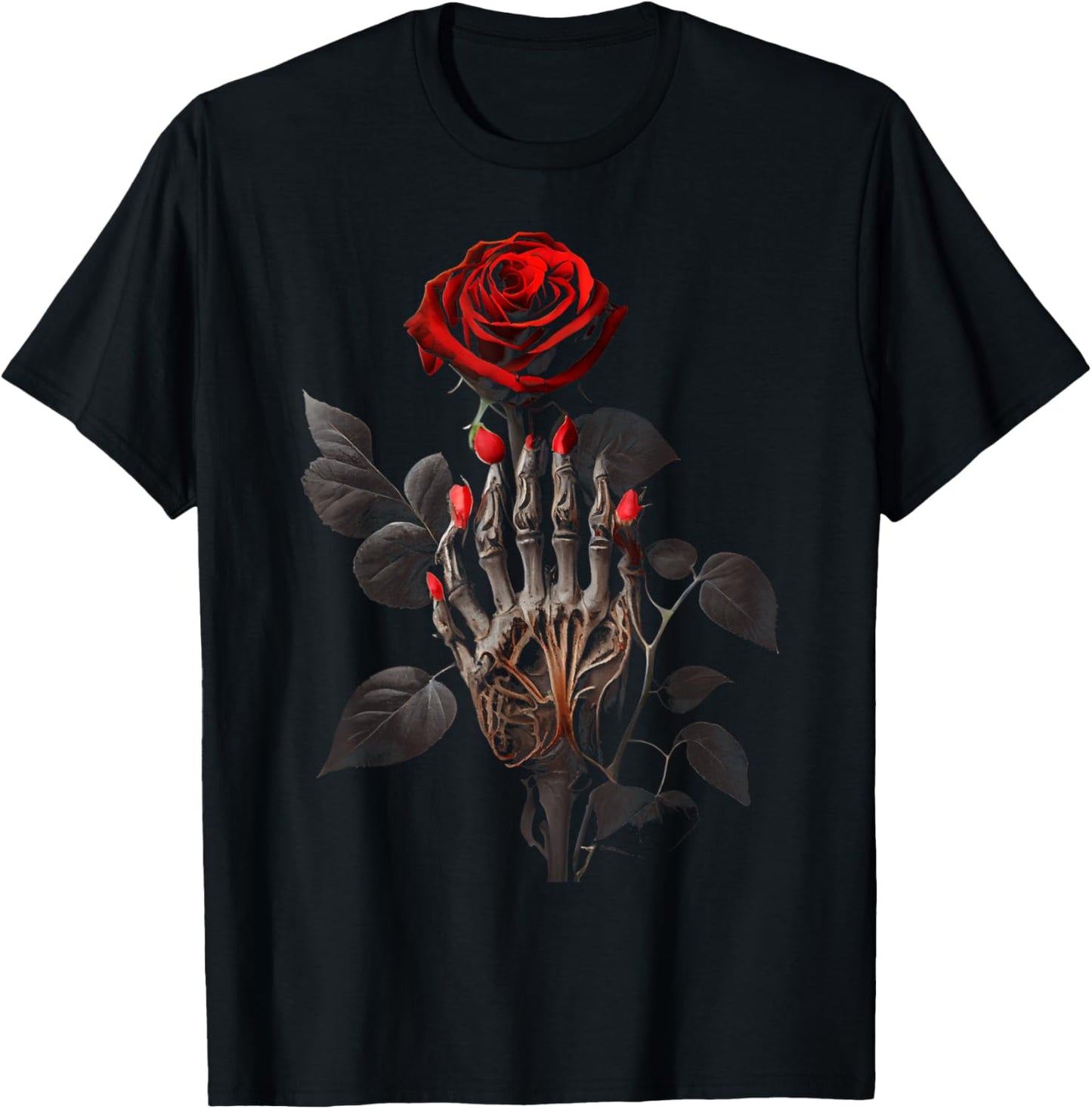 Gothic Rose Skeleton Hand Dark Academia Aesthetic Halloween T-Shirt - T-Shirt | Black