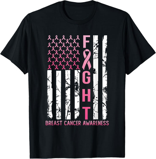 USA Pink Flag Breast Cancer Awareness Month October T-Shirt - T-Shirt | Black