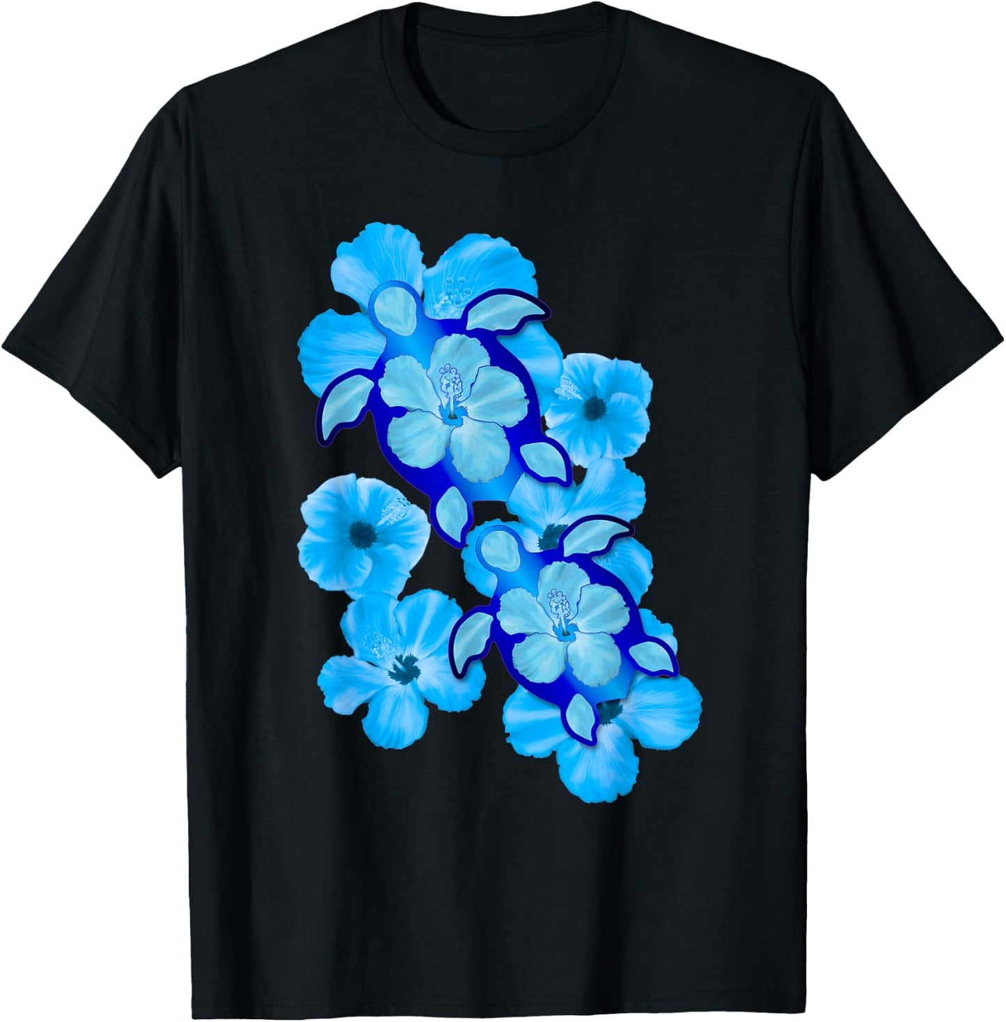Hawaiian Sea Turtles Hibiscus Flowers T-Shirt - T-Shirt | Black