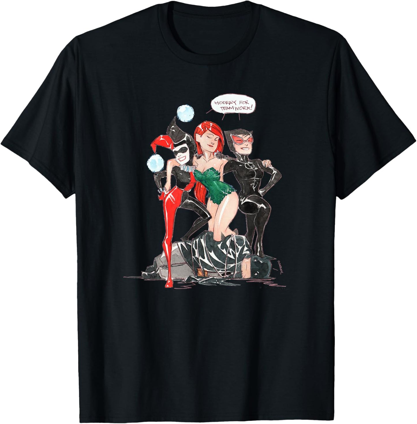 WB100 DC Comics Catwoman Poison Ivy Harley Quinn Team Up T-Shirt - T-Shirt | Black