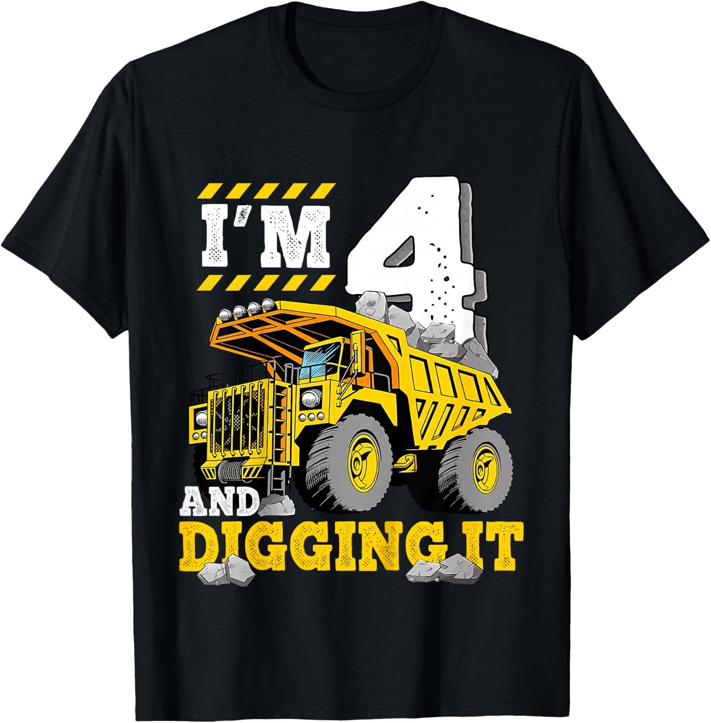 Kids Four 4th Birthday Construction Truck 4yr Boy 4 Years Old T-Shirt - T-Shirt | Black
