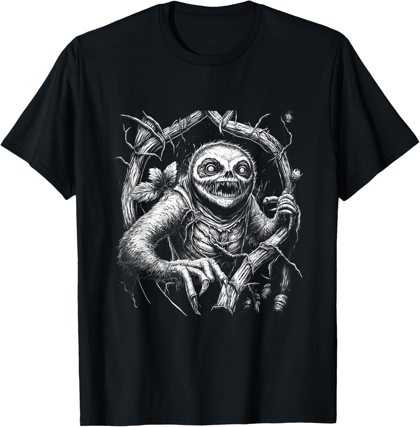 Creepy Scary Horror Sloth Forest Art Illustration Design T-Shirt - T-Shirt | Black