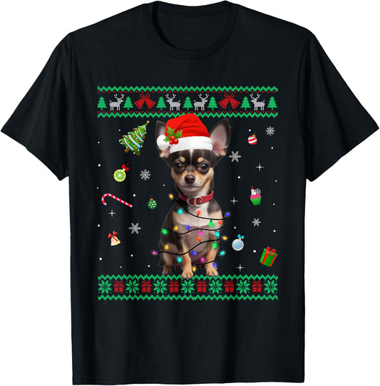 Ugly Sweater Chihuahua Dog Christmas Lights Santa Hat Men Women Kids T-Shirt - T-Shirt | Black