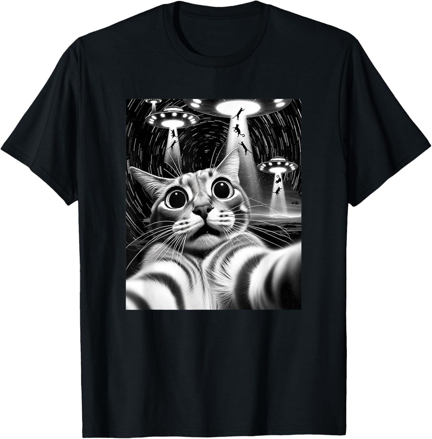 Cat UFO Invasion | Funny Cat Meme Retro Alien Cat UFO Selfie T-Shirt - T-Shirt | Black