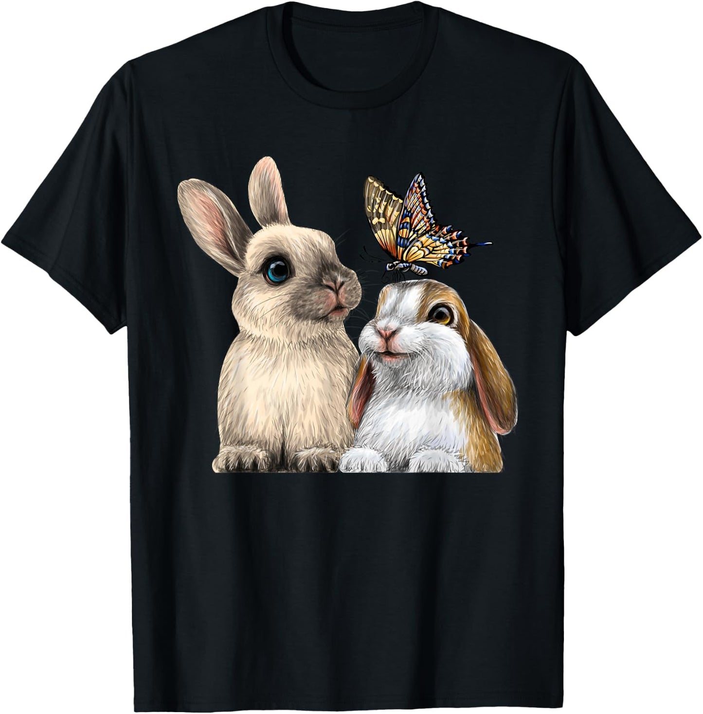 two cute Little rabbits with a butterfly for lovers Bunny T-Shirt - T-Shirt | Black