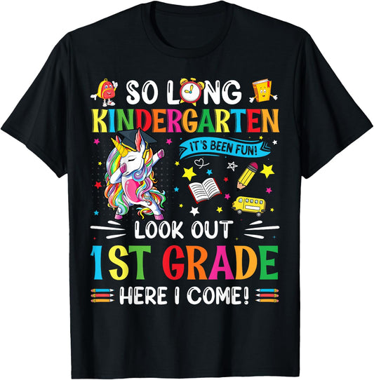 So Long Kindergarten 1st Grade Here I Come Graduation Cap T-Shirt - T-Shirt | Black