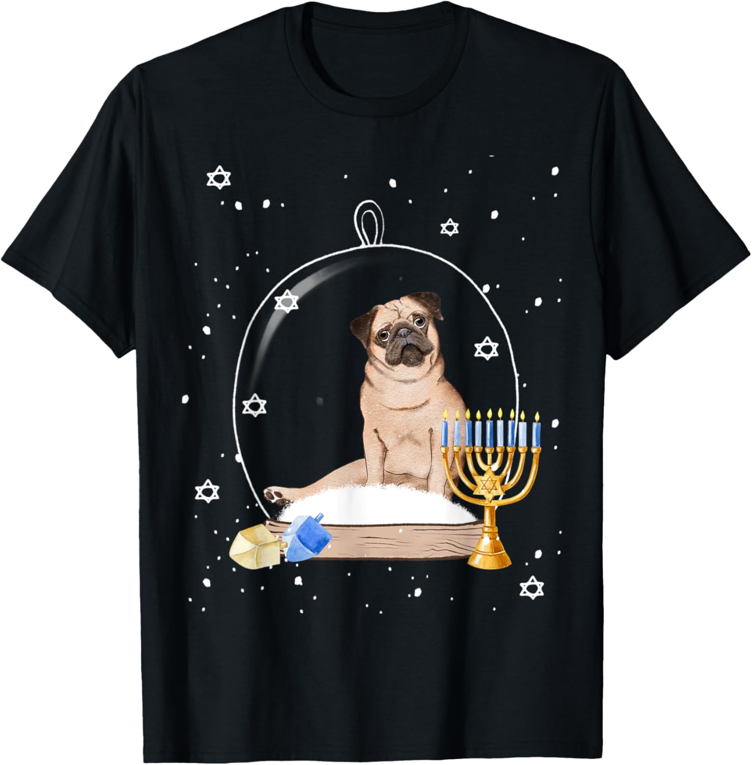 Hanukkah Pug Dog Snow Globe Pajama Women Kids T-Shirt - T-Shirt | Black