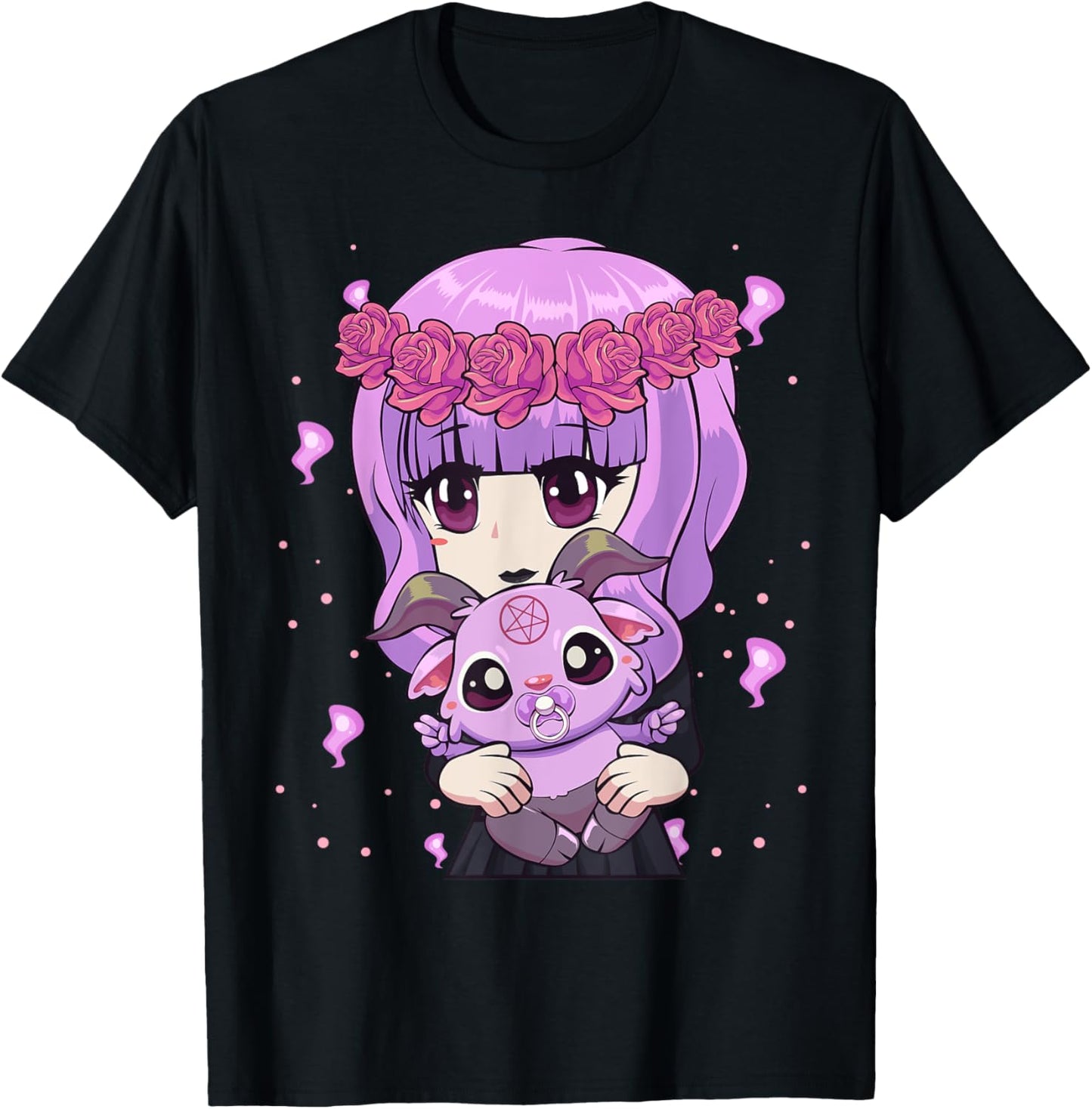 Anime Kawaii Pastel Goth Girl with Cute Baby Baphomet T-Shirt - T-Shirt | Black