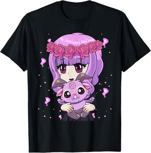 Anime Kawaii Pastel Goth Girl with Cute Baby Baphomet T-Shirt - T-Shirt | Black