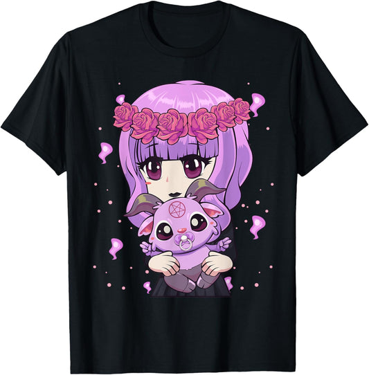 Anime Kawaii Pastel Goth Girl with Cute Baby Baphomet T-Shirt - T-Shirt | Black
