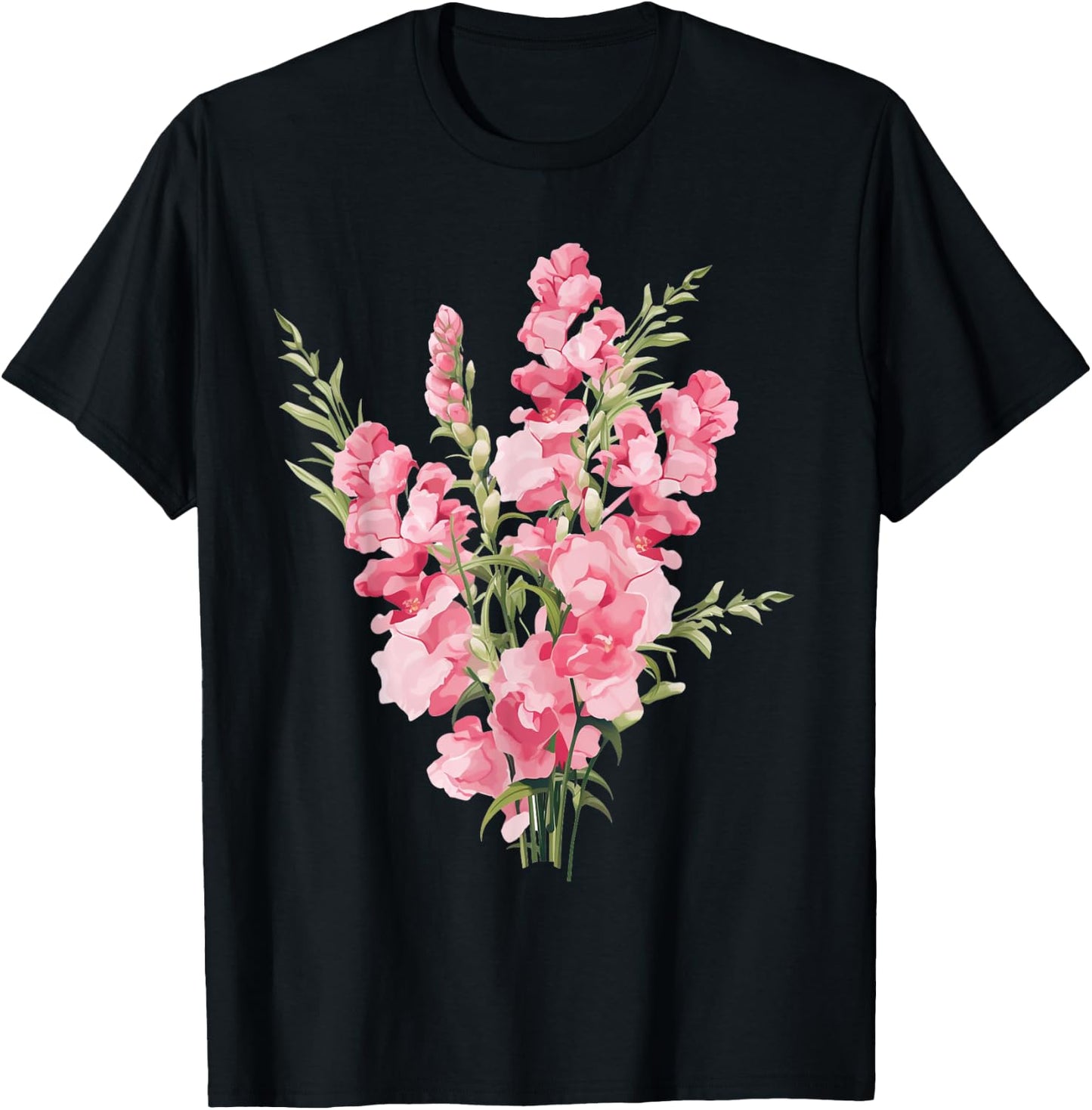 Bright and Colorful Flowers: Pink Snapdragon Flowers T-Shirt - T-Shirt | Black