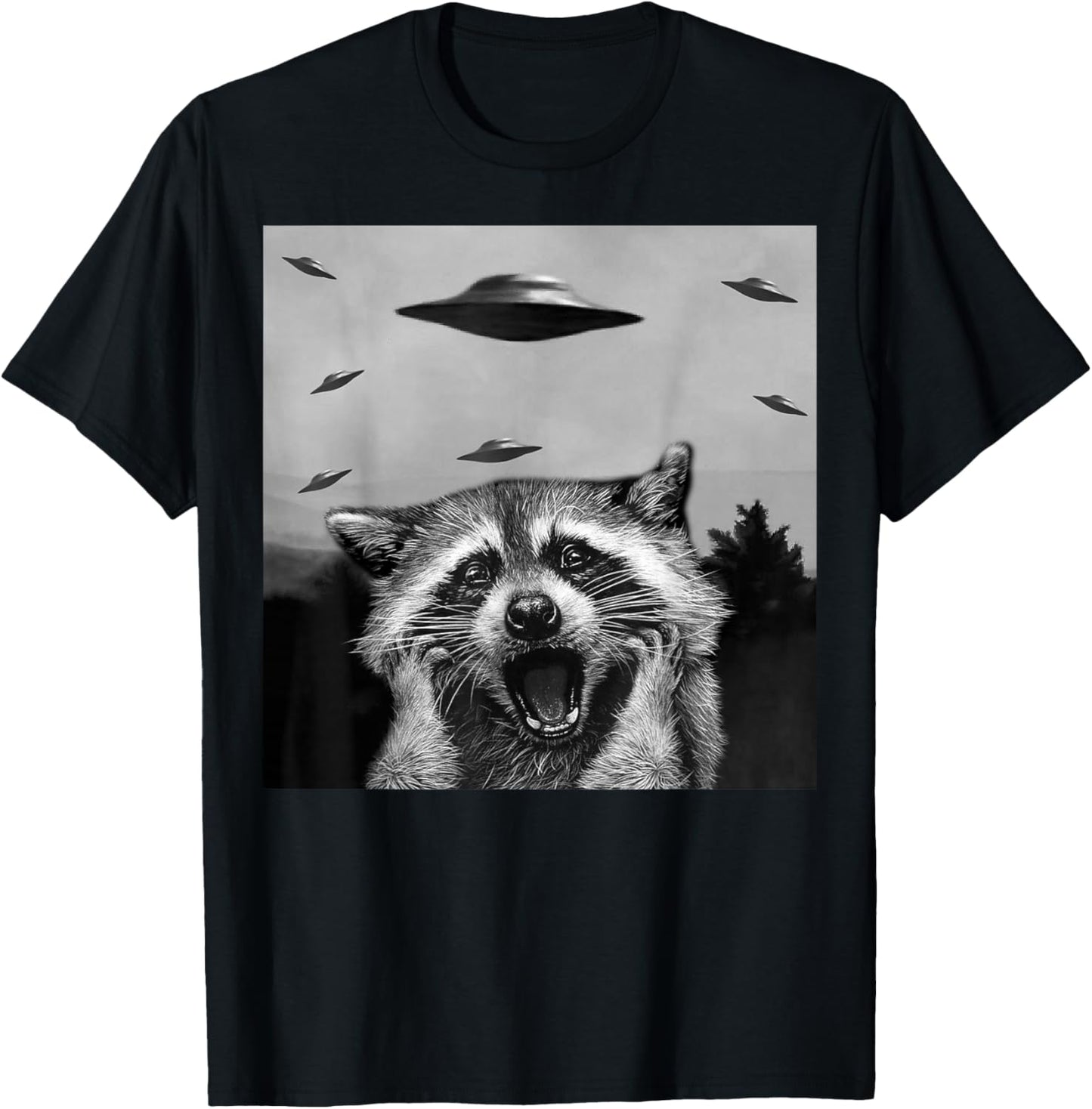 Alien UFO Funny Raccoon Stuffed Animal , Women, Kids T-Shirt - T-Shirt | Black