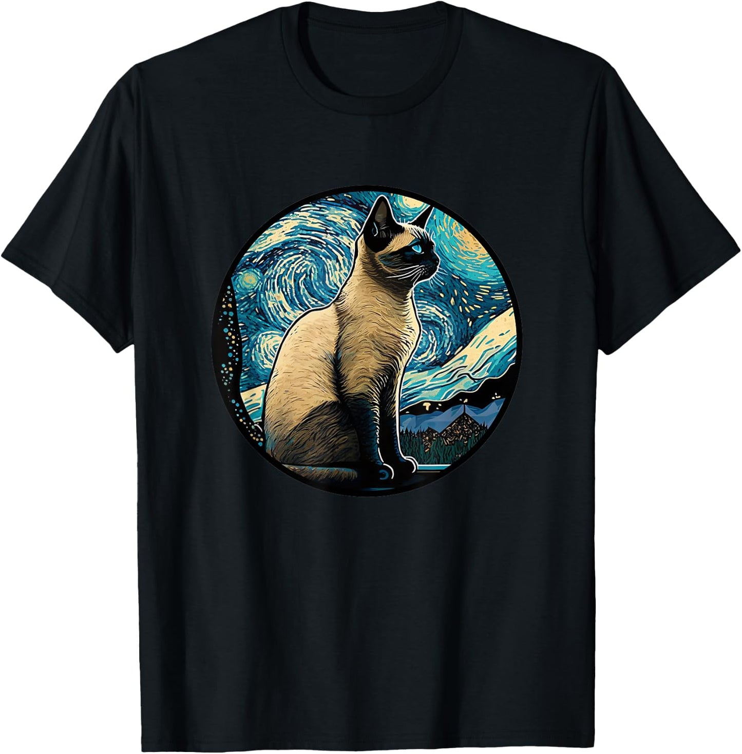 Siamese Cat in Starry Night Painting Men Women Kids T-Shirt - T-Shirt | Black