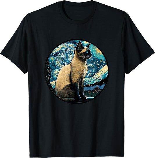 Siamese Cat in Starry Night Painting Men Women Kids T-Shirt - T-Shirt | Black