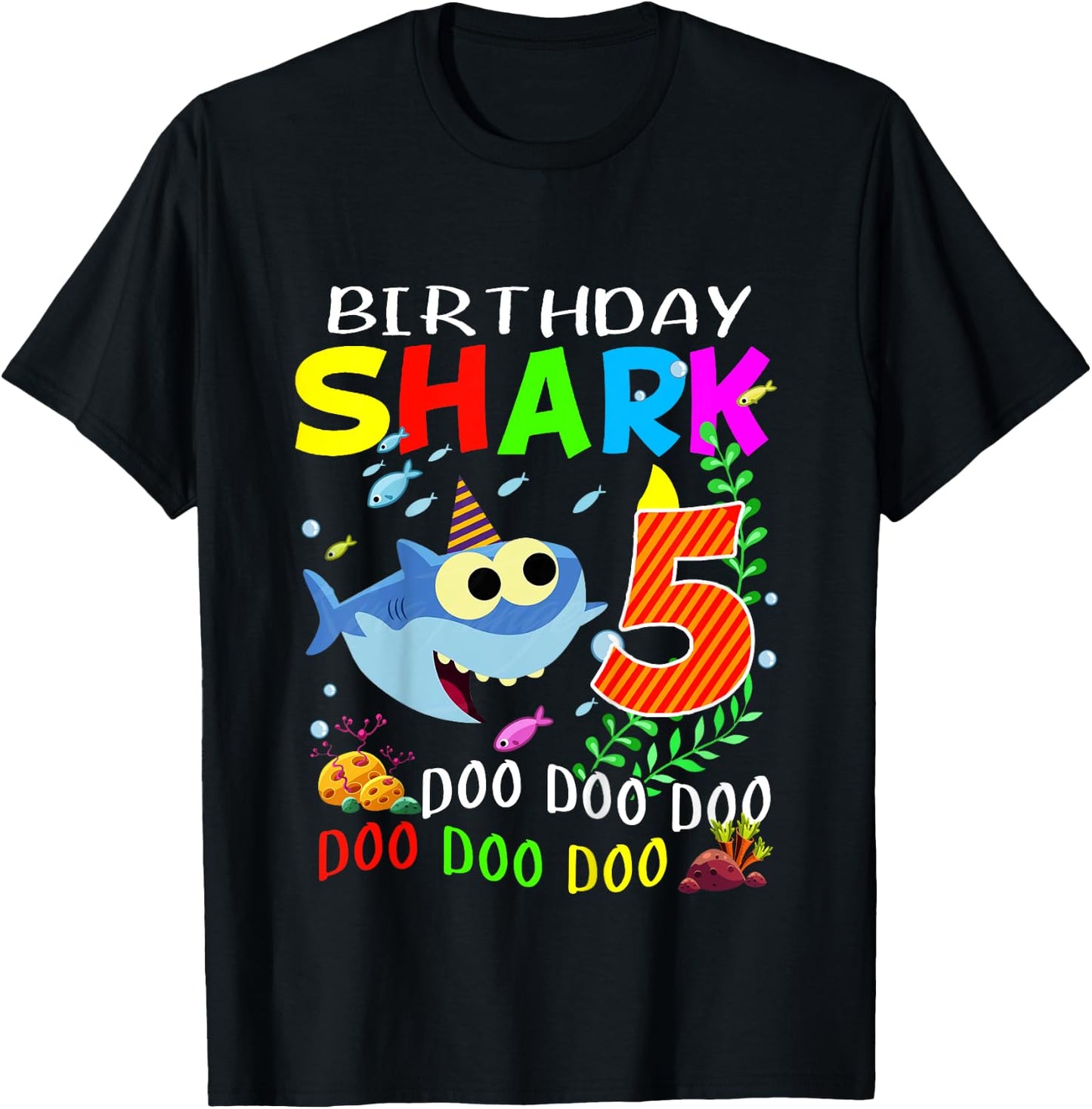 Birthday Shark 5 Years Old Boys and Girls 5th Birthday Gift T-Shirt - T-Shirt | Black