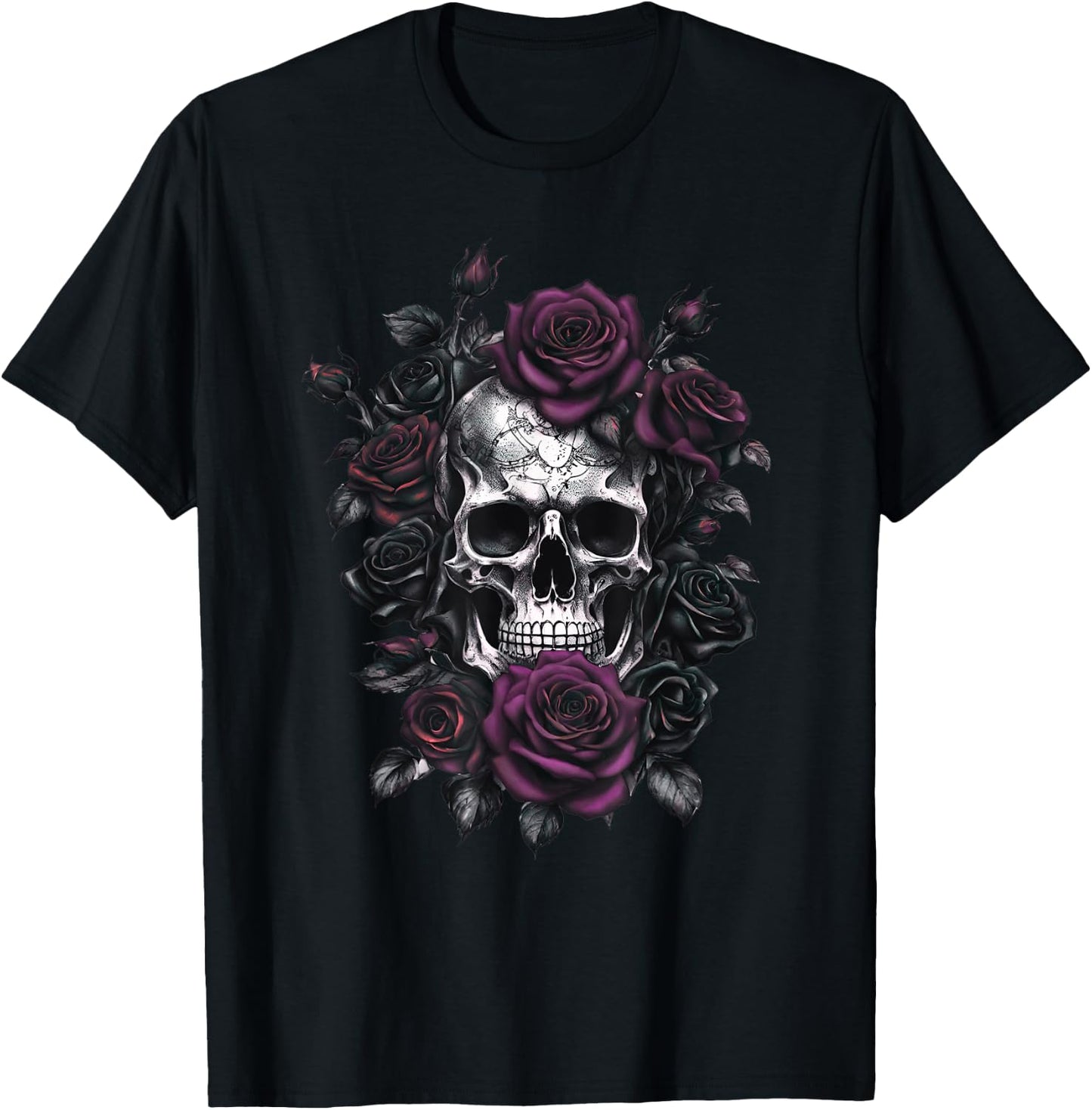Skeleton Metalhead Skulls and Roses Metal Rock Purple Roses T-Shirt - T-Shirt | Black