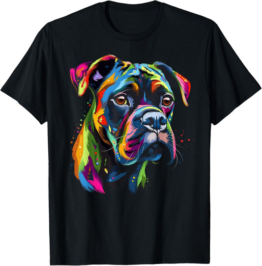 Boxer Dog Colorful Face Funny Puppy Art Lover Black T-Shirt - T-Shirt | Black