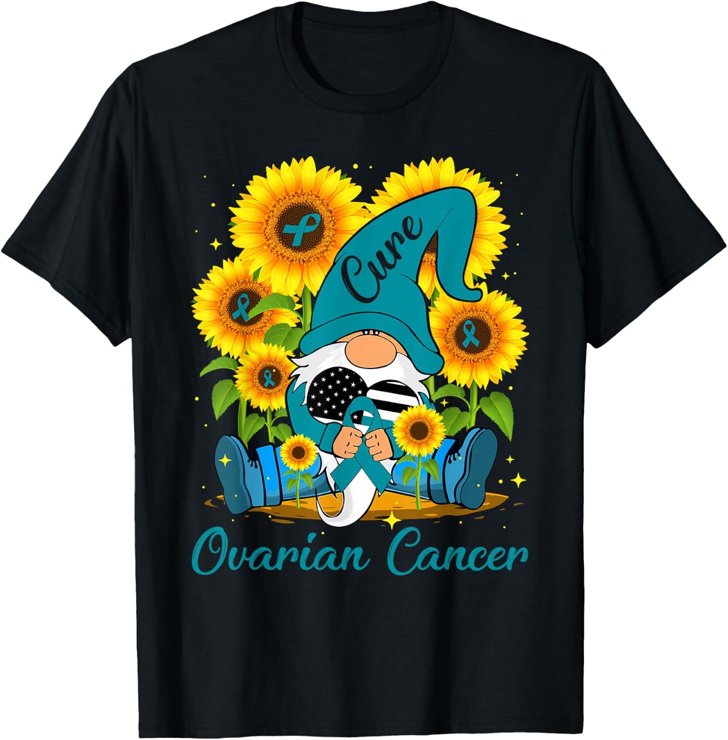 Cure Ovarian Cancer Awareness Day Fighter Gnome Teal Ribbon T-Shirt - T-Shirt | Black